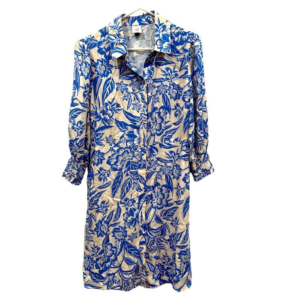 CAbi Blue and White Long Sleeve Cowl Neck Dress